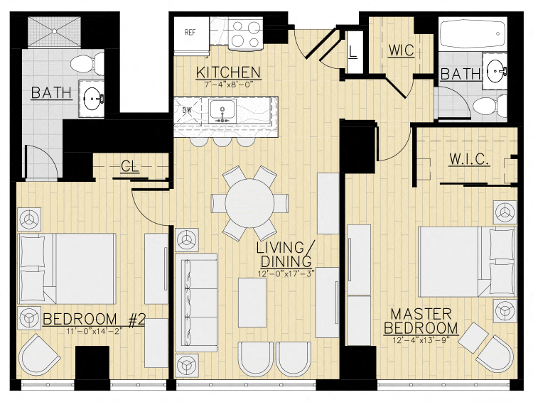 Floor plan for 2 beds, 2 baths, 951 sqft
